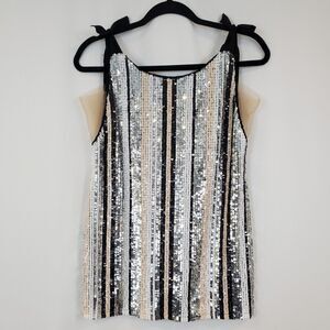 NBD Striped Sparkly Sequin Mini Dress XS Shoulder Tie Taylor Swift Eras Tour
